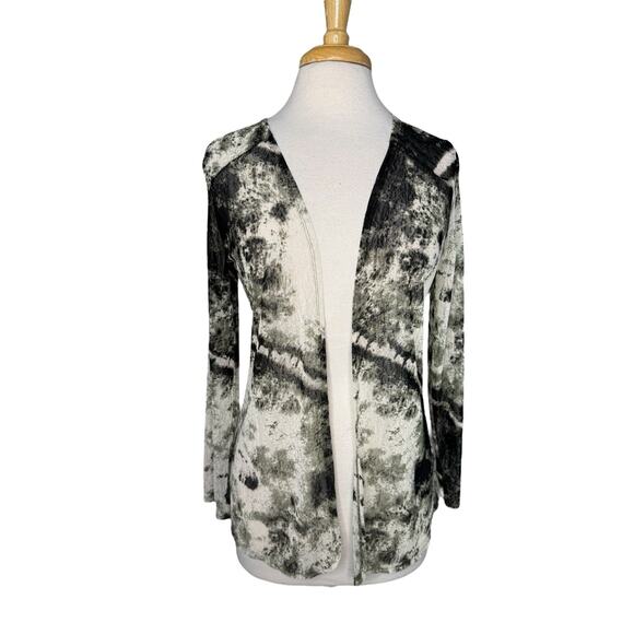 CHICOS EASYWEAR Green Black Tan Abstract Open Mesh Cardigan Sz Small (0) Womens - Picture 1 of 9